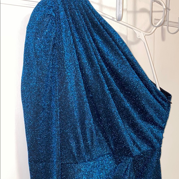 SHEIN Medium Blue Modely One Shoulder Wrap Hem Glitter Dress - Picture 11 of 12